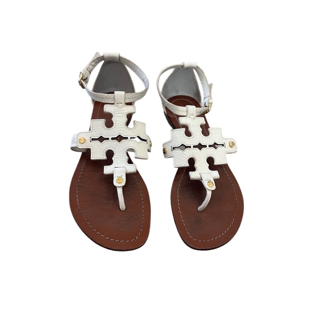 Tory Burch Phoebe Thong Sandals Womens 7.5 White T-Strap Ankle Buckle